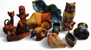 Blue Mountain Ceramics, Canada - bison yellow and brown dip glaze;   a similar dolphin, owl;  others
