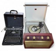 A H.M.V. 2019 Monarch Record player, 78, 45, 33, 16 rpm,  c.1961;   a Royal typewriter