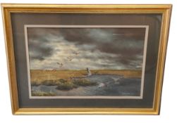 Arthur Pass, mid 20th century, Mallards in Flight, signed, dated 1950, pastel, 25cm x 70cm, framed