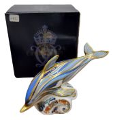 A Royal Crown Derby paperweight, Striped Dolphin, commissioned by Connaught House, printed marks,