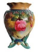 A James Hadley Royal Worcester ovoid pot pourri vase, painted with pink and yellow flowers,