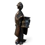 Japanese School, late Meiji, brown patinated bronze, Geisha, holding a drum, 18cm high