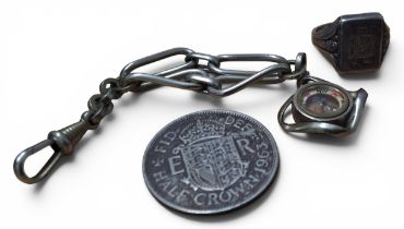 A continental silver signet ring, monogrammed AB, size U, 7.3g; a white metal fancy link short chain