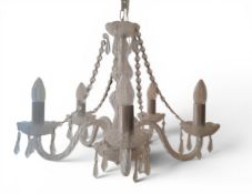 Lighting - a cut glass five branch ceiling chandelier, with prismatic droplets and swags, 70cm