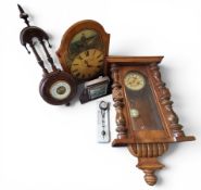 A 19th century Vienna walnut wall clock, 15cm diam,  Roman numerals, turned columns, fluted and