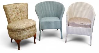 A Lloyd Loom ' Lusty ' tub chair, spring based seat, in white, c.1950;  another, in blue;   an early