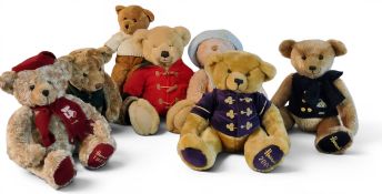 Toys & Juvenalia - a Harrods 2000 Christmas bear, purple waistcoat, 32cm high; another, Millennium