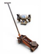 Tools - a heavy duty trolley jack, SWL 15ton; a Brides 7 work-bench grinder