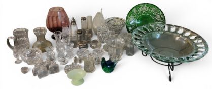 Glassware - a large Bohemian green glass comport;   a large glass centre bowl and stand;
