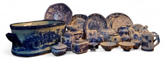Blue and White - a Spode Italian pattern biscuit barrel;  a reproduction 'Ironstone' two handled