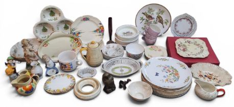 Three Wedgwood Peter Rabbit bowls;   Kelsbro ware dinkey;   Nao figure;   Avon First Flower