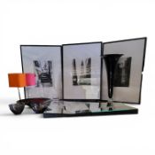 Contemporary Home Furnishings - irregular mirrors;   chrome side lights;   Iris vase;   black and