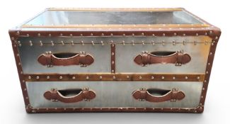 A Timothy Oulton style designer 'steamer trunk' low chest,  of brushed steel, studded,  with tan