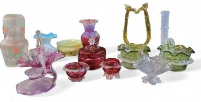 A Victorian cranberry glass vase, applied with clear glass printee frill, c.1880;    a cranberry