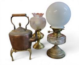 A Hink's No.2 Duplex oil lamp, white globular shade, clear facetted glass reservoir, copper base,