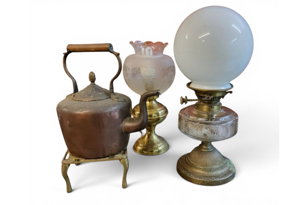 A Hink's No.2 Duplex oil lamp, white globular shade, clear facetted glass reservoir, copper base,
