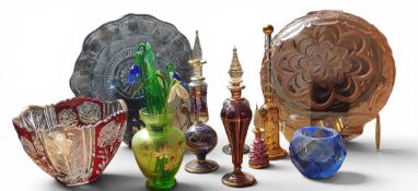 Glassware - Egyptian lamp work scent bottles;  coloured glass;   glass flowers;   etc