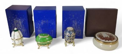 An Atlas Faberge Egg, Glacier Lake, boxed;   others, Nest of Pearls;  etc