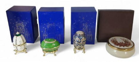 An Atlas Faberge Egg, Glacier Lake, boxed;   others, Nest of Pearls;  etc