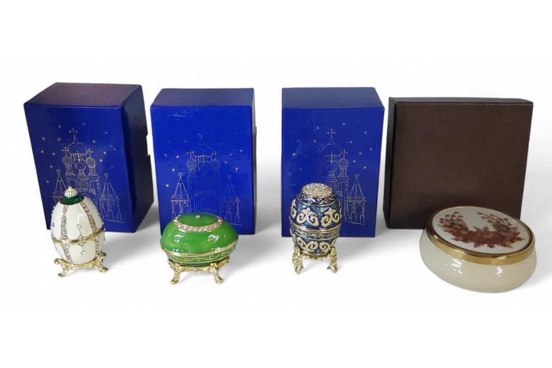 An Atlas Faberge Egg, Glacier Lake, boxed;   others, Nest of Pearls;  etc