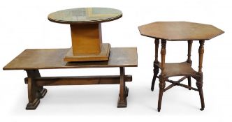 A mid 20th century  copper topped rectangular coffee table, pierced with hearts, trestle base, 43.