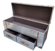 A Timothy Oulton style designer 'steamer trunk' long low chest,  of brushed steel, studded,  with