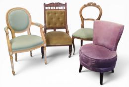 A late Victorian mahogany side chair, scroll cresting above seven short spindles, ring turned