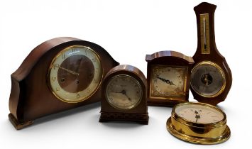An Elliott mahogany mantel clock, silvered dial, Roman numerals, 16cm high;   another, oak, retailed