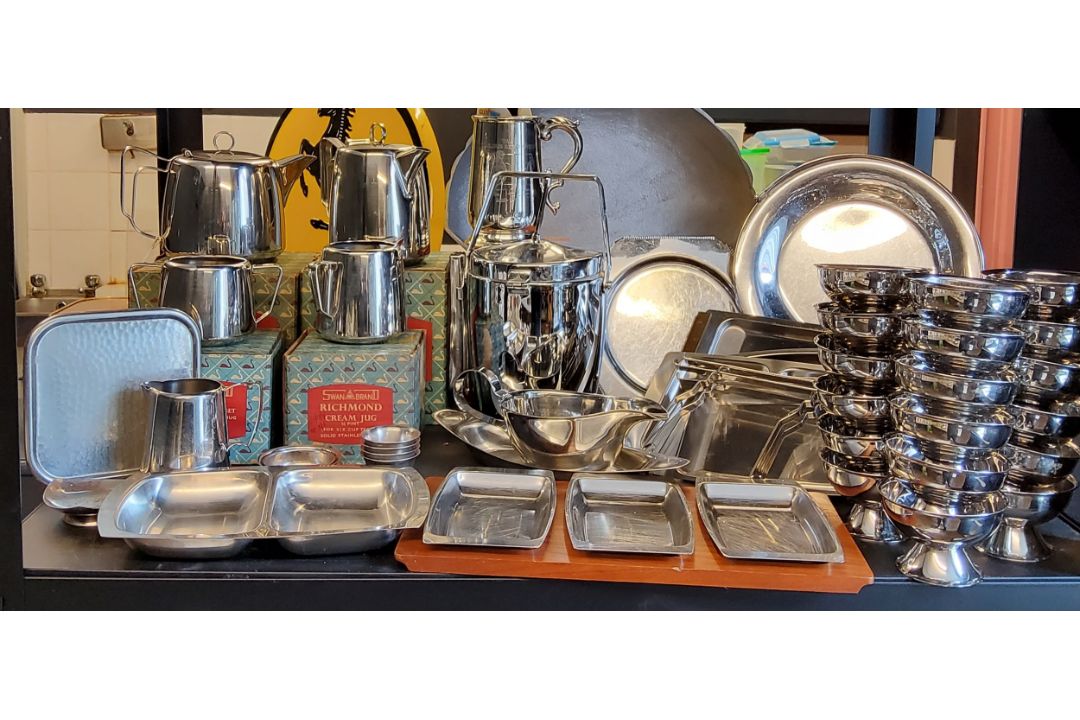 Swan Brand Richmond tea set;  ice jug;    plated bowls;  chrome dishes;   etc
