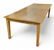 A large 20th century rectangular burr maple table, tapered square legs, spade feet, 77cm high, 275cm