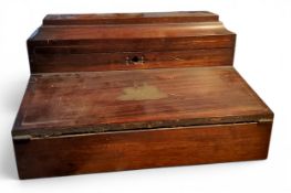 A Victorian rosewood and brass inlaid writing box, the folding front with stag, pagoda top,