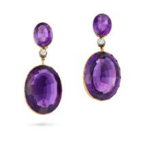 AN IMPRESSIVE PAIR OF ANTIQUE AMETHYST AND DIAMOND DROP EARRINGS in yellow gold, each suspending a