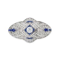 A FINE ART DECO DIAMOND AND SAPPHIRE BROOCH the pierced brooch set with an old European cut