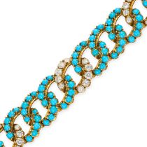 BEN ROSENFELD, A FINE VINTAGE TURQUOISE AND DIAMOND CURB LINK BRACELET in 18ct yellow gold,