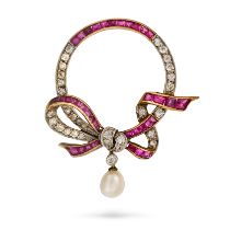 AN ANTIQUE RUBY, DIAMOND AND PEARL BOW BROOCH, EARLY 20TH CENTURY designed as an open circle