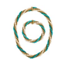 VAN CLEEF & ARPELS, A RARE VINTAGE TURQUOISE AND PEARL TWIST NECKLACE AND BRACELET SET, 1960'S in