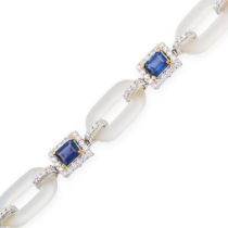 A FINE SAPPHIRE, DIAMOND AND ROCK CRYSTAL BRACELET comprising a row of rectangular step cut