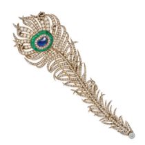 A VERY FINE SAPPHIRE, EMERALD AND DIAMOND PEACOCK FEATHER BROOCH designed as a peacock feather set
