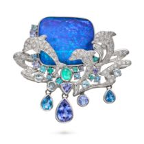AN AUSTRALIAN BOULDER OPAL, DIAMOND, TANZANITE, TOURMALINE AND AQUAMARINE DOLPHIN BROOCH / PENDANT