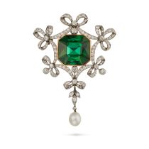 A SUPERB ANTIQUE GREEN TOURMALINE, NATURAL SALTWATER PEARL AND DIAMOND BROOCH / PENDANT, CIRCA
