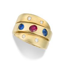 VAN CLEEF & ARPELS, A VINTAGE RUBY, SAPPHIRE AND DIAMOND RING, 1980'S designed as three interlocking