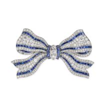 A VERY FINE VINTAGE SAPPHIRE AND DIAMOND BOW BROOCH designed as a bow set throughout with old
