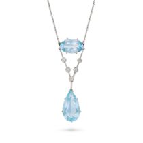 AN ANTIQUE EDWARDIAN AQUAMARINE AND DIAMOND LAVALIER PENDANT NECKLACE the pendant comprising an oval
