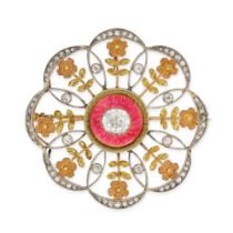 A FINE ANTIQUE DIAMOND AND ENAMEL FLOWER BROOCH set with an old cut diamond of approximately 1.14