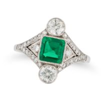A FINE RUSSIAN EMERALD AND DIAMOND DRESS RING set with an octagonal step cut emerald of