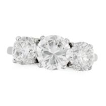 A THREE STONE DIAMOND RING set with three round brilliant cut diamond of approximately 1.00, 1.34