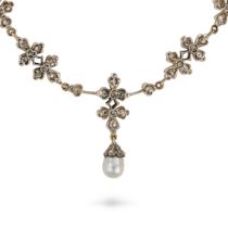 AN ANTIQUE DIAMOND AND PEARL NECKLACE, 19TH CENTURY comprising a row of foliate style links set with