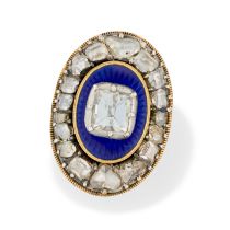 A FINE ANTIQUE GEORGIAN DIAMOND AND ENAMEL RING in yellow gold and silver, the oval face set with