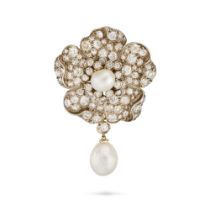 A VERY FINE ANTIQUE NATURAL SALTWATER PEARL AND DIAMOND FLOWER BROOCH, 19TH CENTURY designed as a