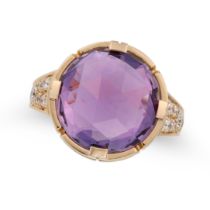 BULGARI, AN AMETHYST AND DIAMOND RING in 18ct rose gold, set with a rose cut amethyst, the shoulders